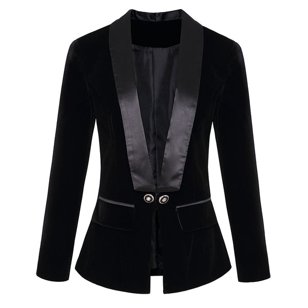 Blazer Slim de Terciopelo Verde Satinado con Cuello Fruncido para Mujer