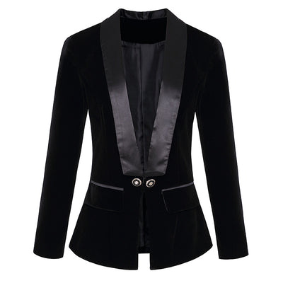 Blazer Slim de Terciopelo Verde Satinado con Cuello Fruncido para Mujer - Image 2