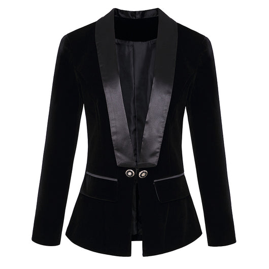 Blazer Slim de Terciopelo Verde Satinado con Cuello Fruncido para Mujer - Image 2