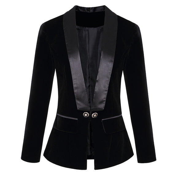 Women's Satin Green Velvet Ruffle-Neck Slim Blazer