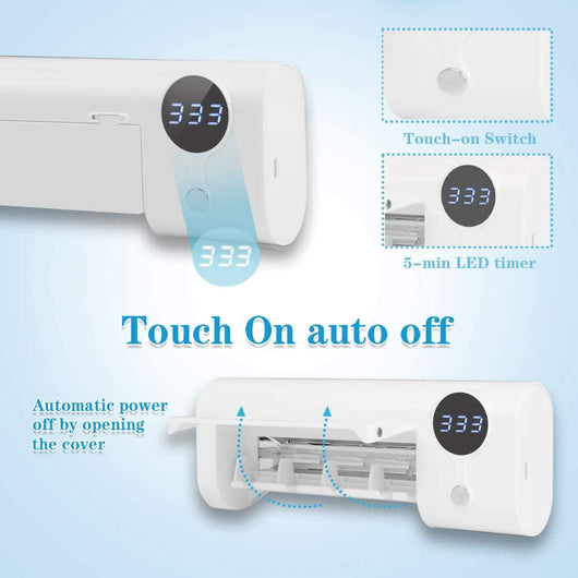 White toothbrush disinfector with UV light, USB cable, alcohol prep pad, and mounting strips on a light blue background. - Image 12