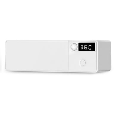 White toothbrush disinfector with UV light, USB cable, alcohol prep pad, and mounting strips on a light blue background. - Image 15