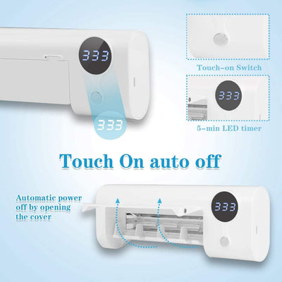 White toothbrush disinfector with UV light, USB cable, alcohol prep pad, and mounting strips on a light blue background. - Image 3