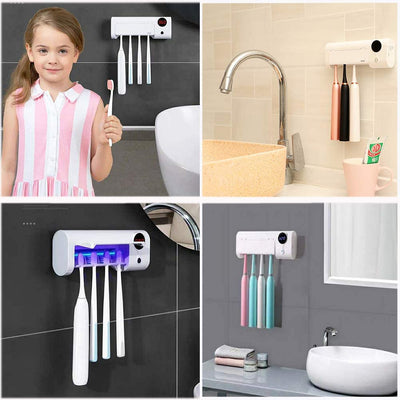 White toothbrush disinfector with UV light, USB cable, alcohol prep pad, and mounting strips on a light blue background. - Image 7