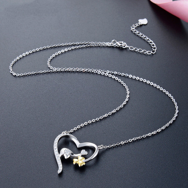 Collar Colgante Elefante Trébol en Corazón Plata 925 con Circonita para Mujer
