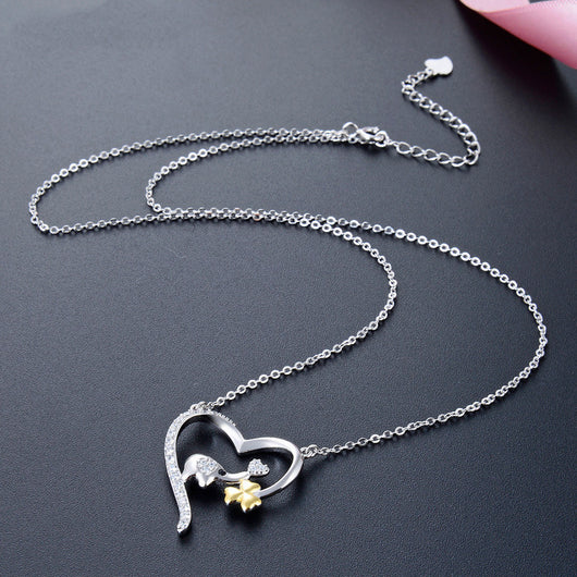Collar Colgante Elefante Trébol en Corazón Plata 925 con Circonita para Mujer