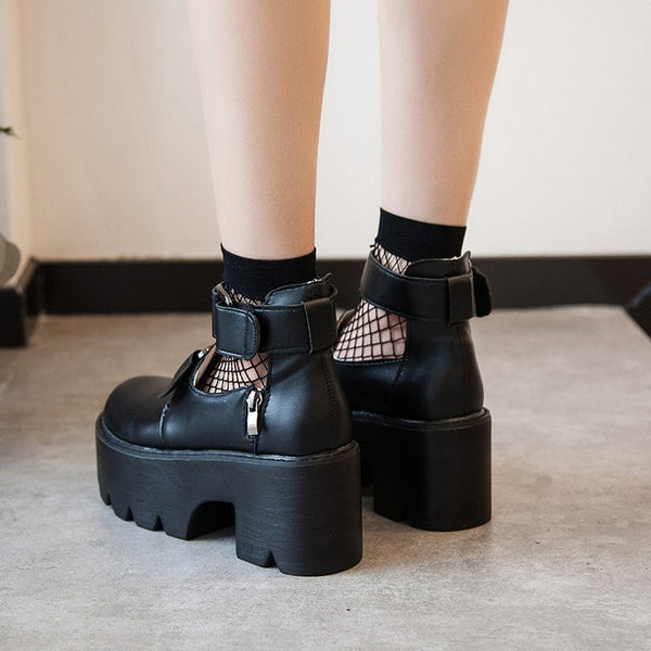 Zapatos Lolita Retro con Tacón Grueso y Punta Redonda