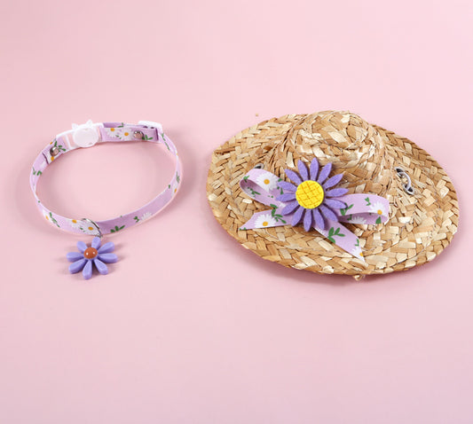 Sombrero de Paja con Collar Campana para Gatos - Diseño Margarita y Girasol