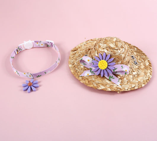 Sombrero de Paja con Collar Campana para Gatos - Diseño Margarita y Girasol
