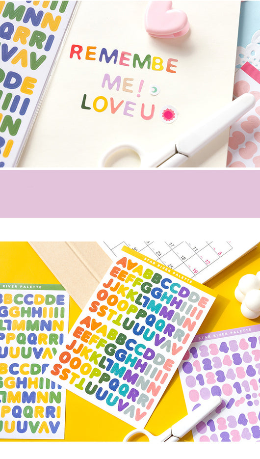 Six sheets of self-adhesive letter, number, and symbol stickers in blue and purple 'Star River Palette' designs. - Image 13