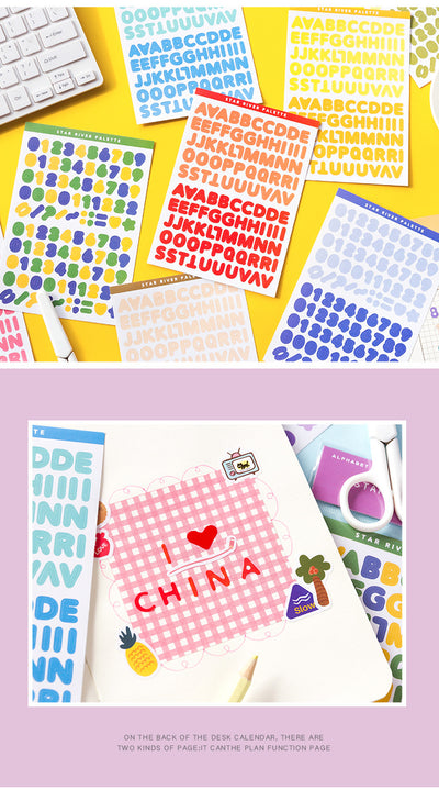 Six sheets of self-adhesive letter, number, and symbol stickers in blue and purple 'Star River Palette' designs. - Image 12