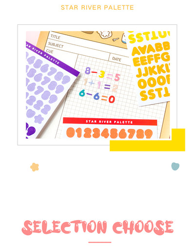 Six sheets of self-adhesive letter, number, and symbol stickers in blue and purple 'Star River Palette' designs. - Image 11