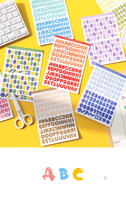 Six sheets of self-adhesive letter, number, and symbol stickers in blue and purple 'Star River Palette' designs. - Image 14