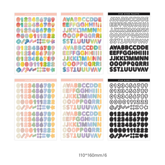 Six sheets of self-adhesive letter, number, and symbol stickers in blue and purple 'Star River Palette' designs. - Image 15