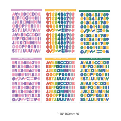 Six sheets of self-adhesive letter, number, and symbol stickers in blue and purple 'Star River Palette' designs. - Image 4