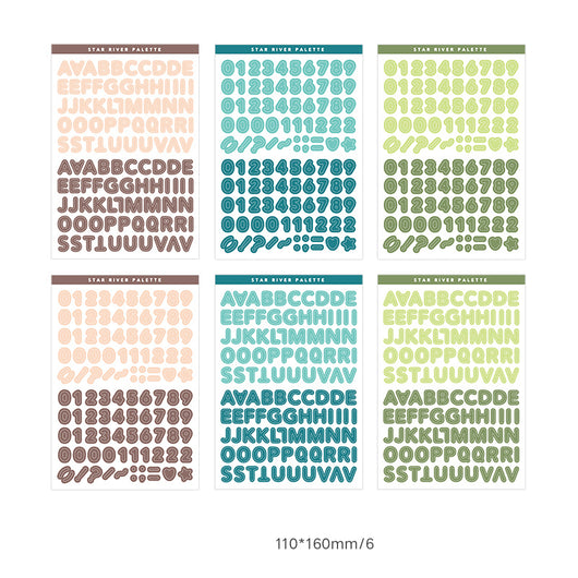 Six sheets of self-adhesive letter, number, and symbol stickers in blue and purple 'Star River Palette' designs. - Image 6