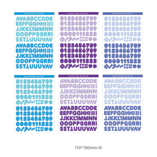Six sheets of self-adhesive letter, number, and symbol stickers in blue and purple 'Star River Palette' designs. - Image 7