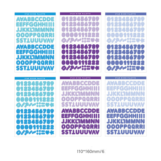 Six sheets of self-adhesive letter, number, and symbol stickers in blue and purple 'Star River Palette' designs. - Image 7