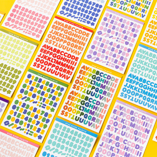 Six sheets of self-adhesive letter, number, and symbol stickers in blue and purple 'Star River Palette' designs. - Image 2