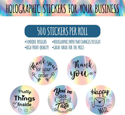 Roll of round holographic rainbow laser stickers with messages like 'Thank you', 'Pretty Things Inside', and 'Happy Mail'. - Image 5