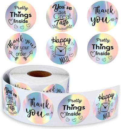 Roll of round holographic rainbow laser stickers with messages like 'Thank you', 'Pretty Things Inside', and 'Happy Mail'. - Image 6