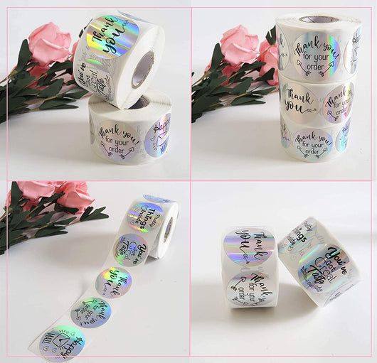 Roll of round holographic rainbow laser stickers with messages like 'Thank you', 'Pretty Things Inside', and 'Happy Mail'. - Image 3