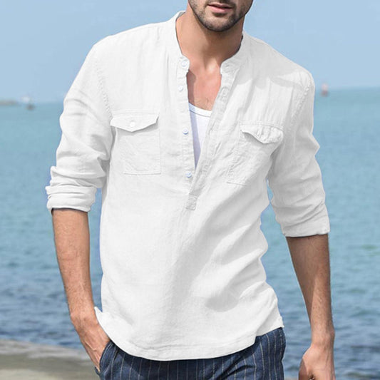 Polo Casual de Algodón y Lino - Manga Larga Slim Fit