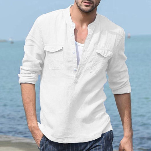 Polo Casual de Algodón y Lino - Manga Larga Slim Fit