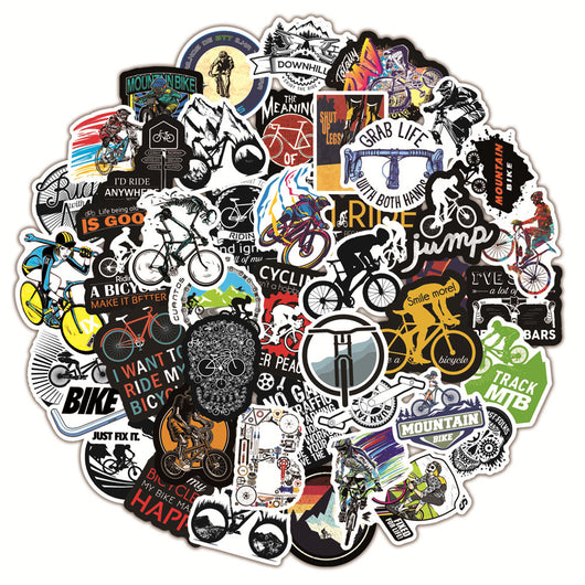 A collection of 50 self-adhesive stickers featuring various mountain biking and cycling designs and slogans. - Image 17