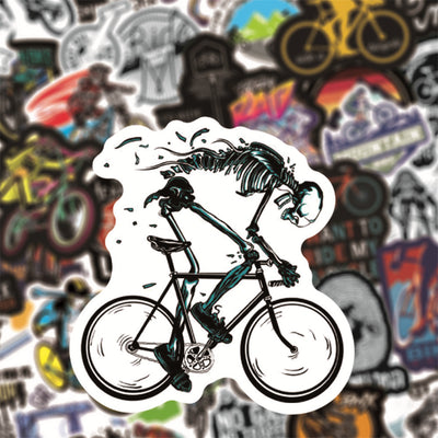 A collection of 50 self-adhesive stickers featuring various mountain biking and cycling designs and slogans. - Image 13