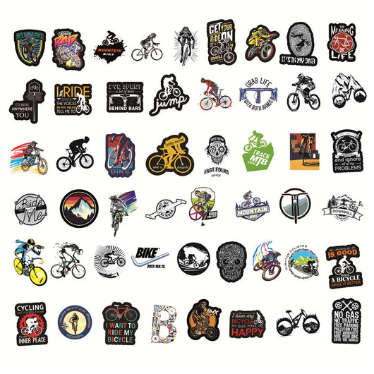 A collection of 50 self-adhesive stickers featuring various mountain biking and cycling designs and slogans. - Image 14