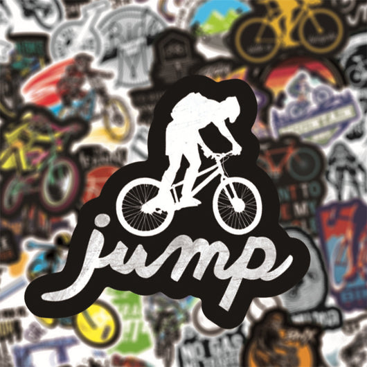 A collection of 50 self-adhesive stickers featuring various mountain biking and cycling designs and slogans. - Image 16