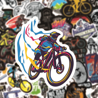 A collection of 50 self-adhesive stickers featuring various mountain biking and cycling designs and slogans. - Image 5
