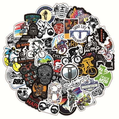 A collection of 50 self-adhesive stickers featuring various mountain biking and cycling designs and slogans. - Image 3