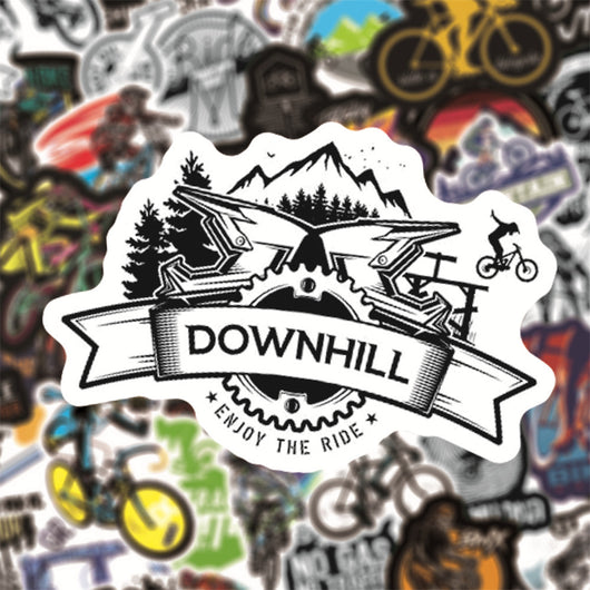A collection of 50 self-adhesive stickers featuring various mountain biking and cycling designs and slogans. - Image 9