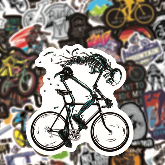 A collection of 50 self-adhesive stickers featuring various mountain biking and cycling designs and slogans. - Image 6