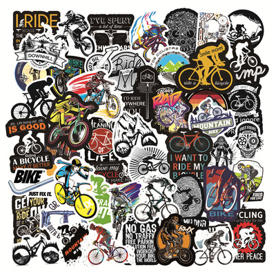 A collection of 50 self-adhesive stickers featuring various mountain biking and cycling designs and slogans.