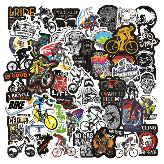 A collection of 50 self-adhesive stickers featuring various mountain biking and cycling designs and slogans.