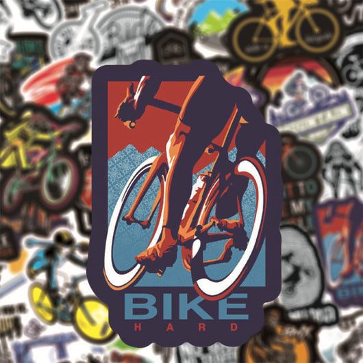 A collection of 50 self-adhesive stickers featuring various mountain biking and cycling designs and slogans. - Image 7