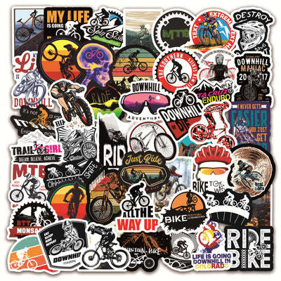 A collection of 50 self-adhesive stickers featuring various mountain biking and cycling designs and slogans. - Image 2