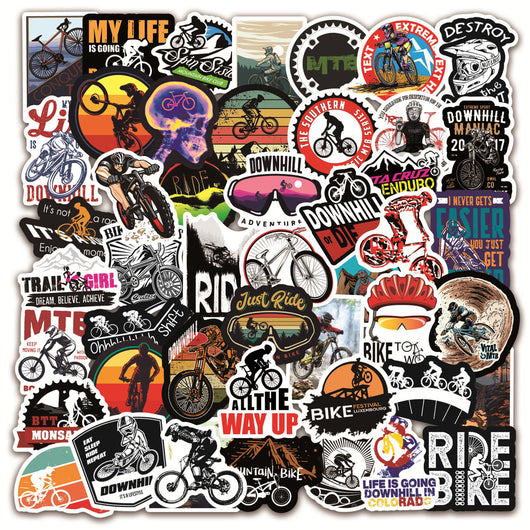 A collection of 50 self-adhesive stickers featuring various mountain biking and cycling designs and slogans. - Image 2