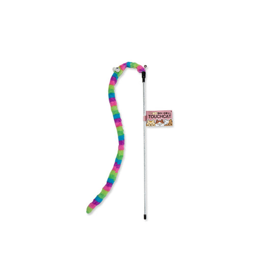 Cat wand toy with a flexible, purple and white spotted worm-like attachment and a small bell. - Image 6