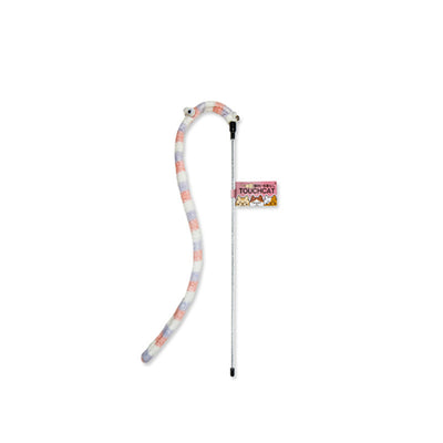Cat wand toy with a flexible, purple and white spotted worm-like attachment and a small bell. - Image 9