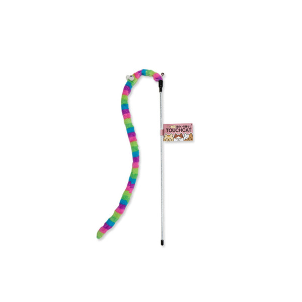 Cat wand toy with a flexible, purple and white spotted worm-like attachment and a small bell.