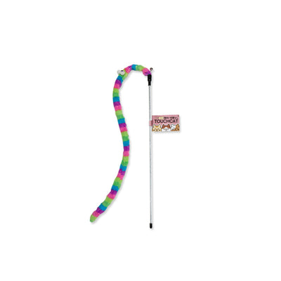 Cat wand toy with a flexible, purple and white spotted worm-like attachment and a small bell.