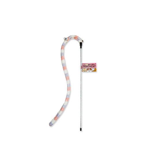 Cat wand toy with a flexible, purple and white spotted worm-like attachment and a small bell. - Image 2