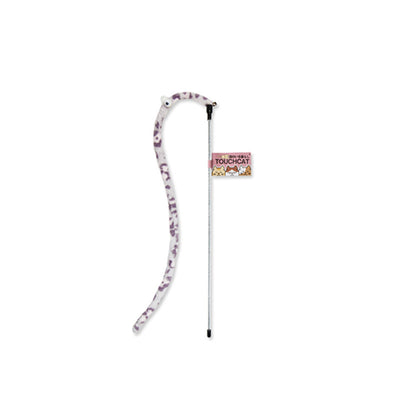 Cat wand toy with a flexible, purple and white spotted worm-like attachment and a small bell. - Image 3