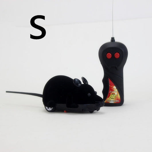 White remote control cat toy mouse with black ears and tail, next to a black remote control with red buttons. - Image 11