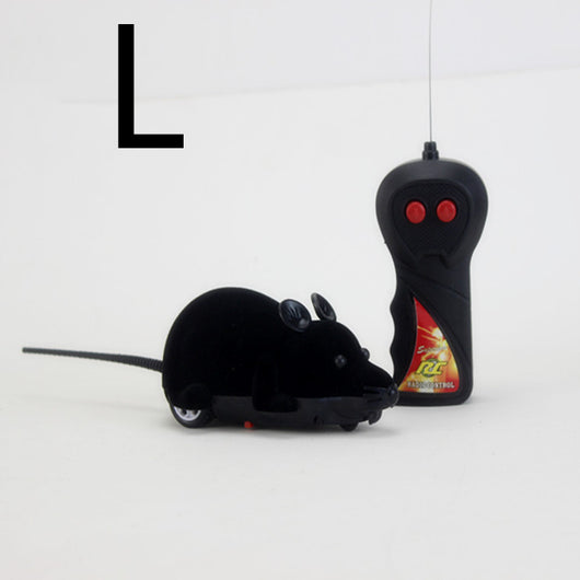 White remote control cat toy mouse with black ears and tail, next to a black remote control with red buttons. - Image 12