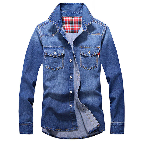 Camisa Vaquera Denim Slim Fit Hombre Algodón Puro Manga Larga Otoño Talla 3XL
